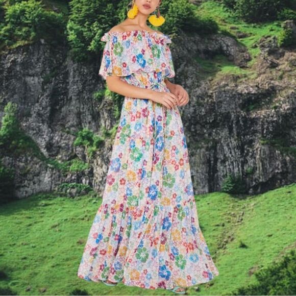 ALL THINGS MOCHI Kona Floral Bardot Chiffon Maxi Dress M - Picture 16 of 16